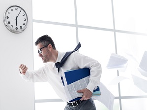 Stressed anxious businessman in a hurry checking time and running, he is late for his business appointment